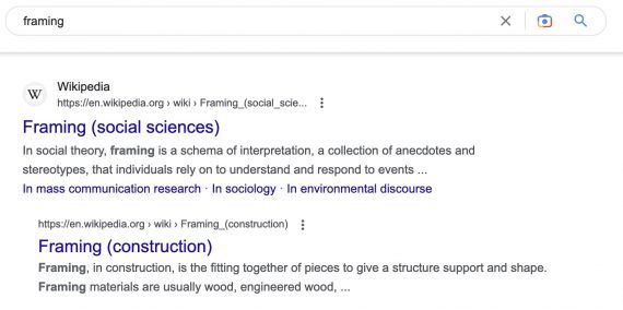 Screenshot from Google search results showing two Wikipedia pages for the term "framing." 