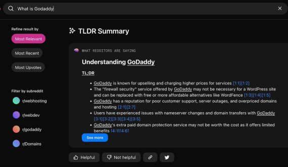 Screenshot of GigaBrain output for "What is Godaddy."