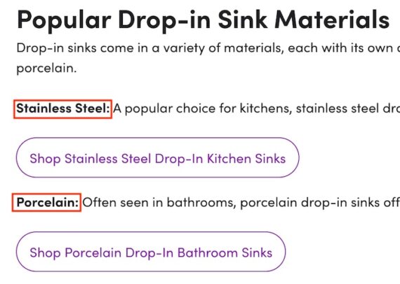 Screenshot of the section in Wayfair's article linking to stainless steel and porcelain product pages.