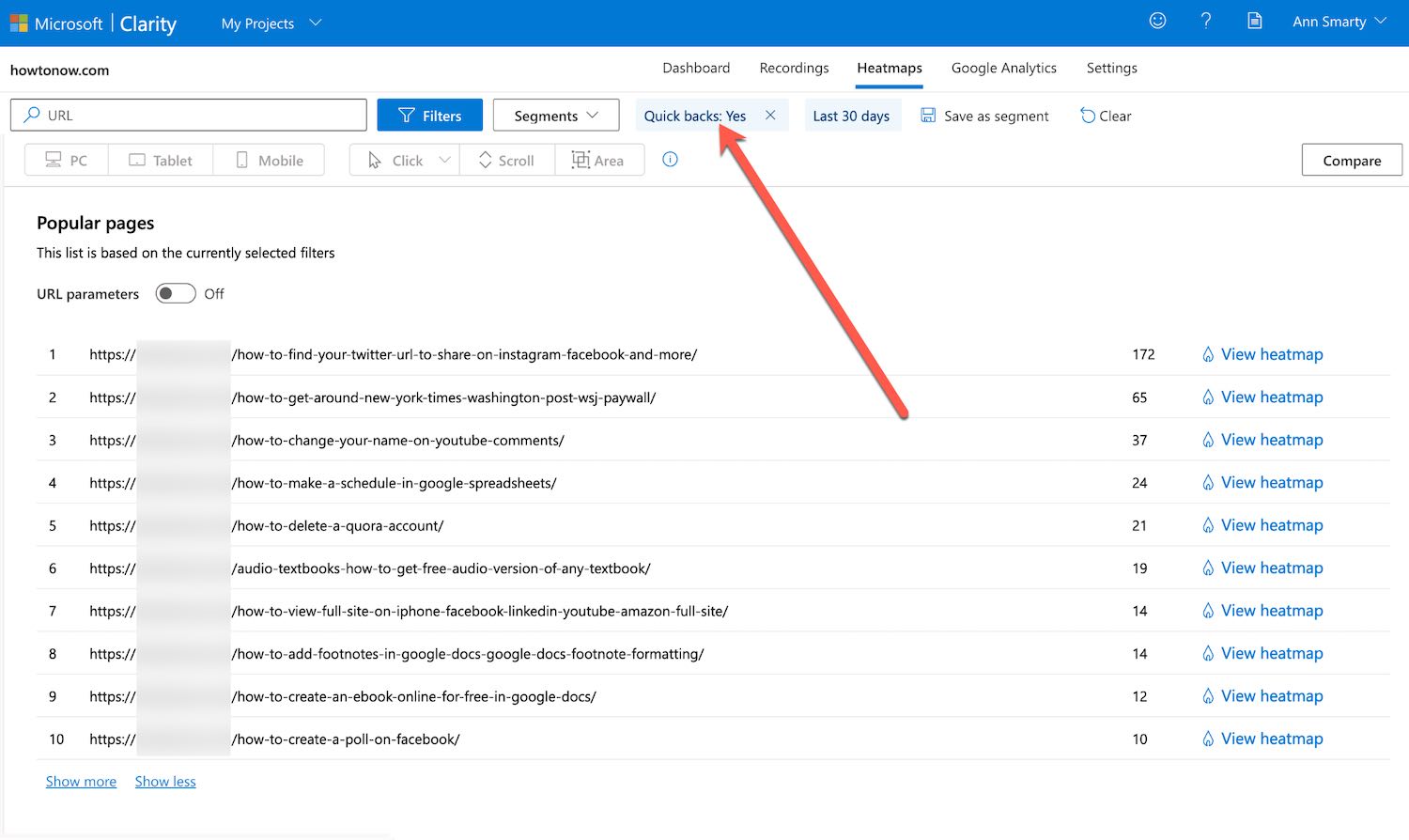 Screenshot of a Bing Clarity "Quick backs" report