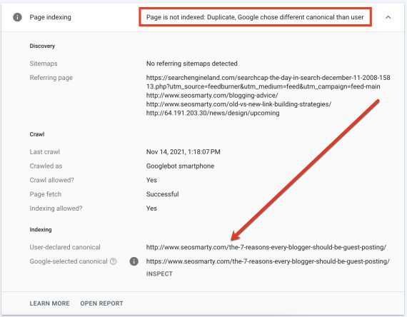 Screenshot of a “Duplicate, Google chose different canonical than user” page