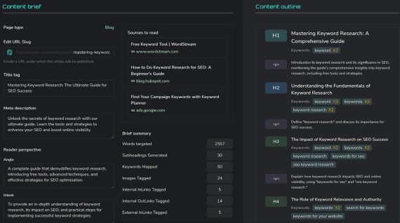 Screenshot of an outline and brief from Swiftbrief