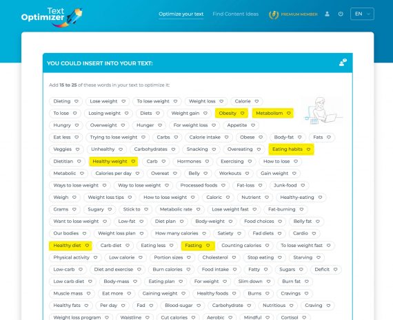 Screenshot of Text Optimizer results for "dieting"
