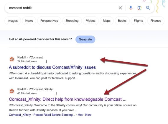 SERPs for "comcast reddit"