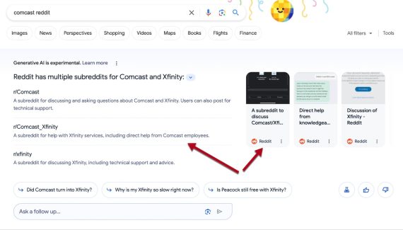 SGE SERPS for "comcast reddit'