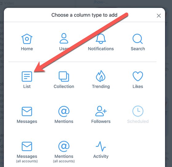 Screenshot of Tweetdeck page showing the List icon