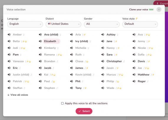 Screenshot of Fliki page to select a voice.