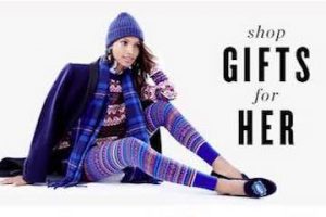 Screenshot for J.Crew's holiday email gift guide showing a feamle with text "Shop Gifts for Her"