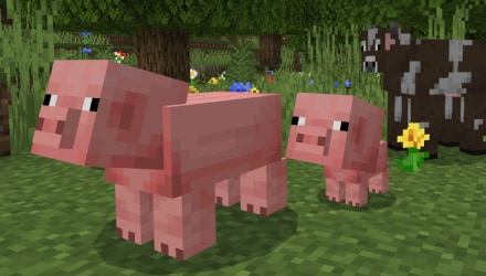 Minecraft pig, baby pig, chicken, and cow stand in a field surrounded by flowers, trees, and grass