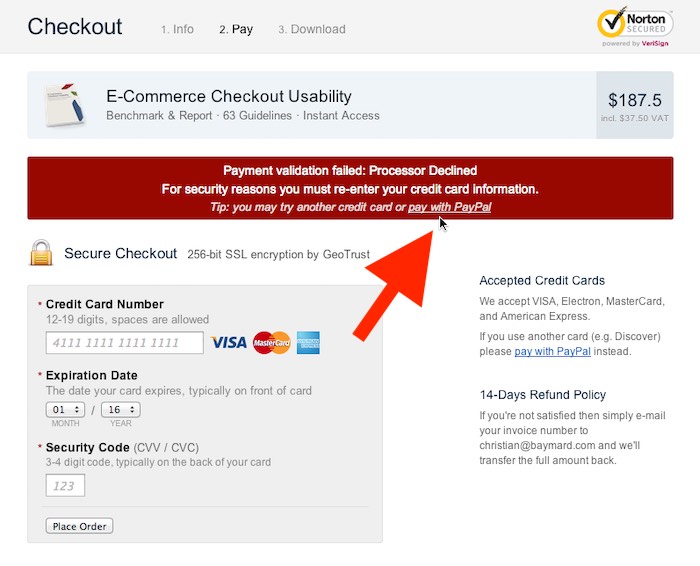 Checkout page with detailed payment decline message and alternative method.