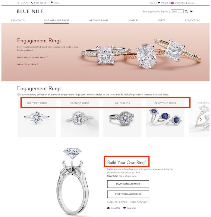 Screenshot of Blue Nile's engagement ring page