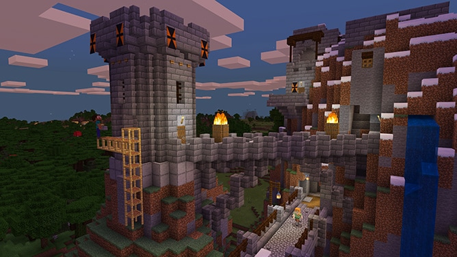 Steve and Alex in a Minecraft castle