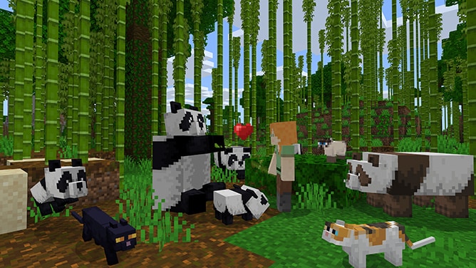 Alex with cats and pandas in a jungle environment