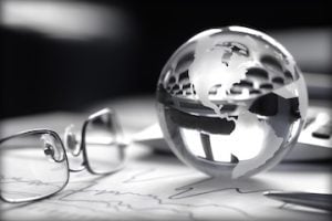 Toned image of glass globe with stock charts, calculator and spectacles