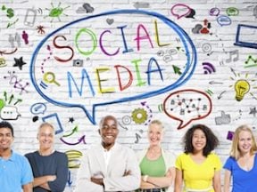 Illustration of people in front of a "social media" whiteboard