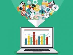 Illustration of a funnel with data feeding into a computer