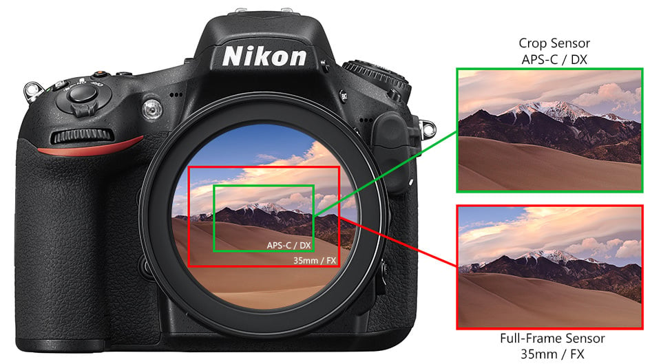 Illustration from PhotographyLife.com of a Nikon camera showing a crop sensor and full-frame sensor.