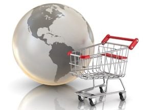 Illustration of a physical shopping cart next to a globe