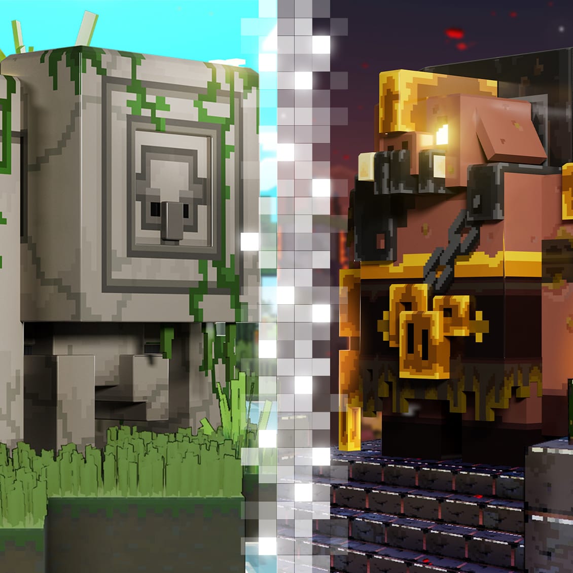 The two custom PC builds standing side by side, one inspired by the First of Stone, one inspired by the Unbreakable piglin boss