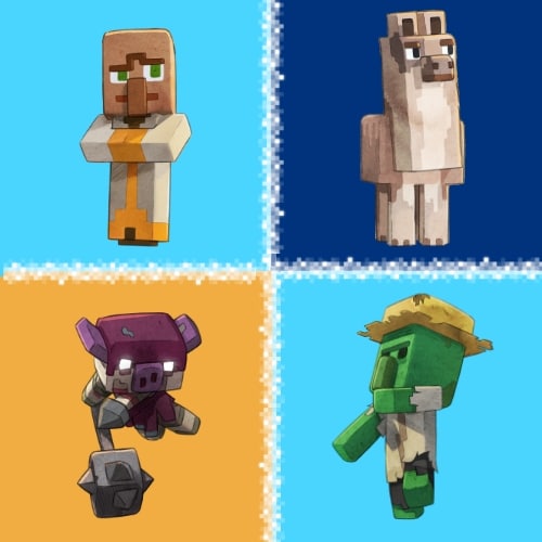 Artwork of a piglin, a villager, a llama, and a zombie