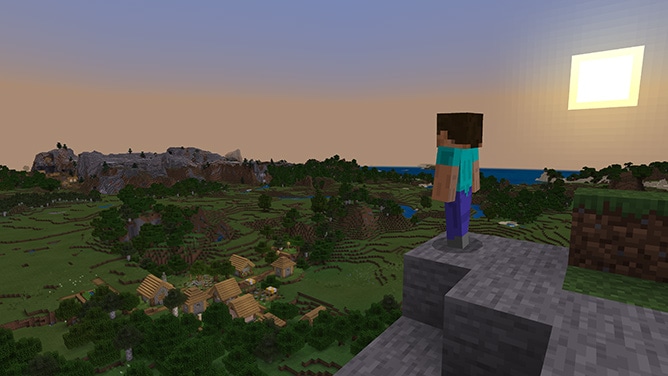 Steve standing on a hill looking toward a village