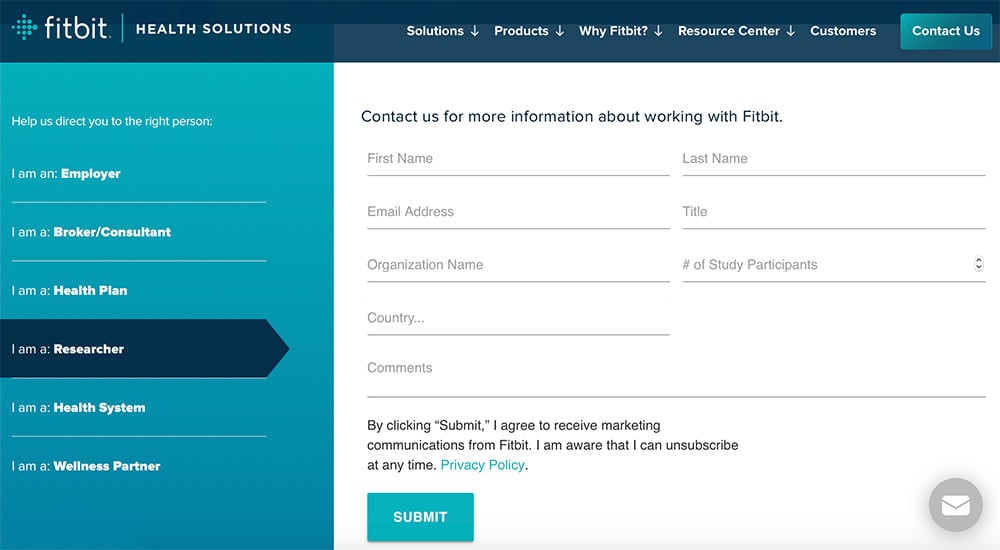 Contact form screenshot at Fitbit's Health Site