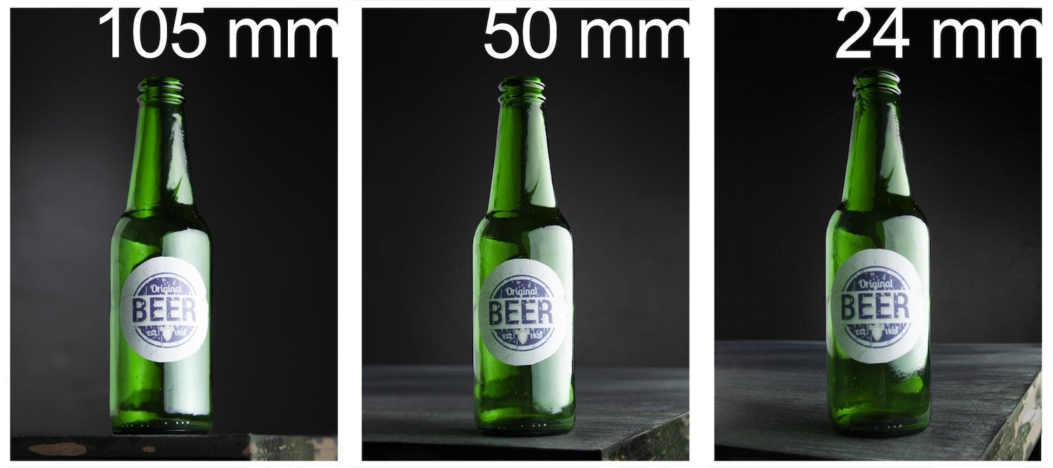 Photo from Freepik.com showing a beer bottle at 105mm, 50mm, and 24mm.