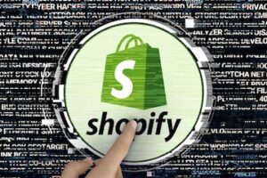 Illustration of Shopify logo on a text background