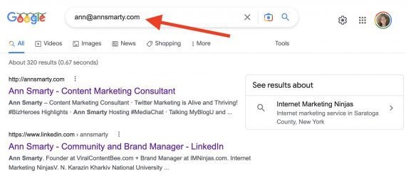 Screenshot of a Google search of Ann Smarty's email address. 