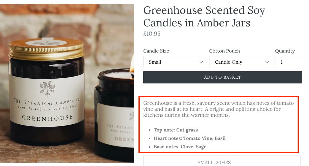 Screenshot of product page for Greenhouse-Scented Candle