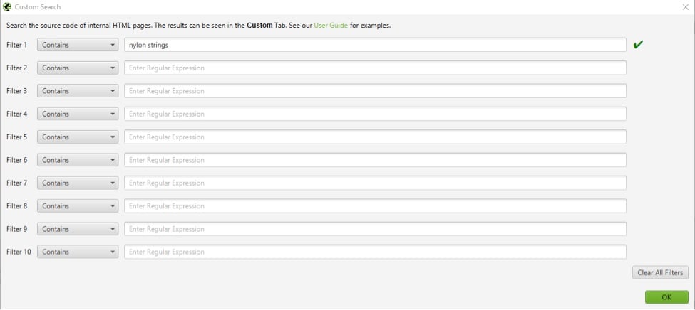 Go to Configuration > Custom > Search > Custom Search so that Screaming Frog will highlight any pages that match the term "nylon strings."