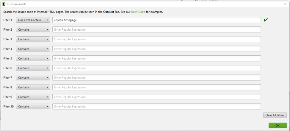 At Configuration > Custom > Search, remove the “nylon strings” search term. Then paste in the relative URL, which, in this case is /Nylon-Strings.gc. Then change “Contains” to “Does Not Contain.”