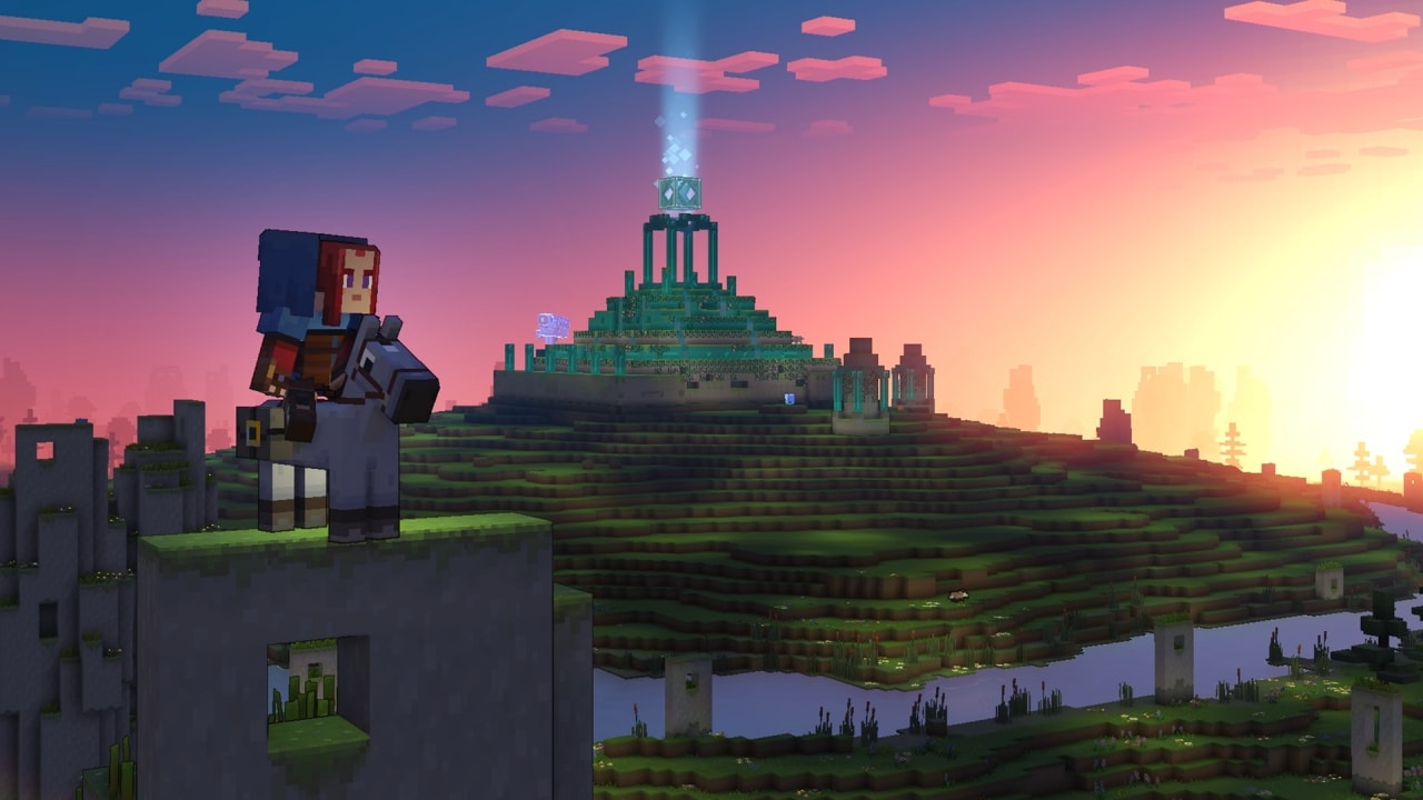 A hero character from Minecraft Legends on a horse, standing by the Well of Fate