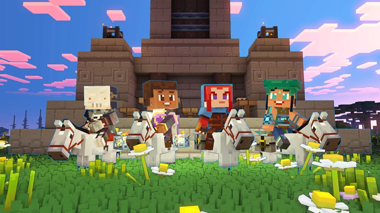 Four Minecraft Legends player characters side-by-side in PvP mode.