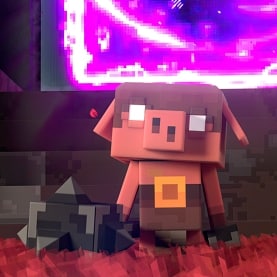 A piglin mace runt standing in front of a Nether portal