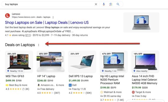 Screenshot of search results for "buy laptops."