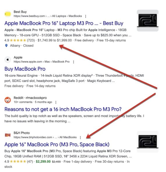 Screenshot of search results for “apple macbook pro 16 m3."