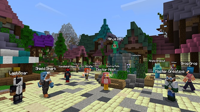 Large multiplayer gathering of 14 players in a village