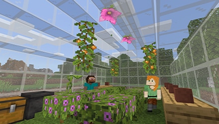 Alex and Steve in a glass greenhouse