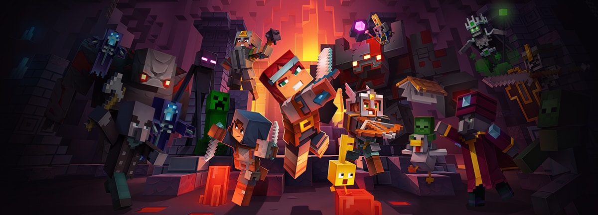 Minecraft Dungeons characters battling their way through hostile mobs