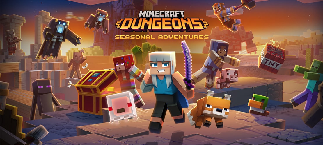 Minecraft Dungeons characters taking part in Seasonal Adventures in a desert biome