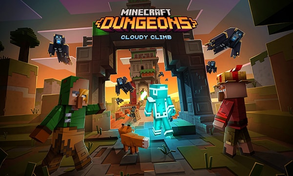 Adventurers approaching the mysterious Tower in Minecraft Dungeons Cloudy Climb