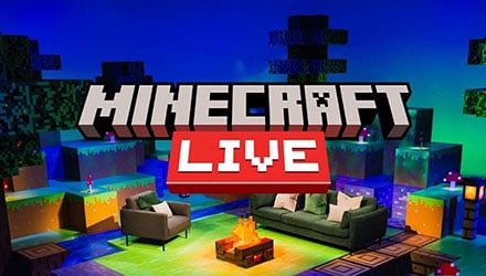 Photo of a stage set with a couch and chair facing one another surrounded by Minecraft themed scenery with the words Minecraft Live in the center