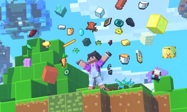Minecraft character with arms spread, surrounded by many items in the air