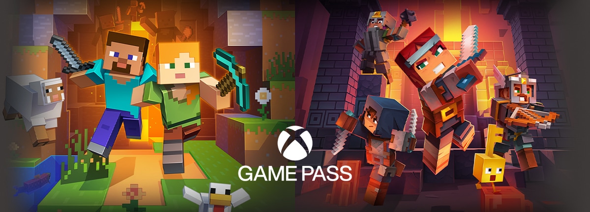 Postacie z gry Minecraft i Minecraft Dungeons poszukujące przygód obok logo Xbox Game Pass