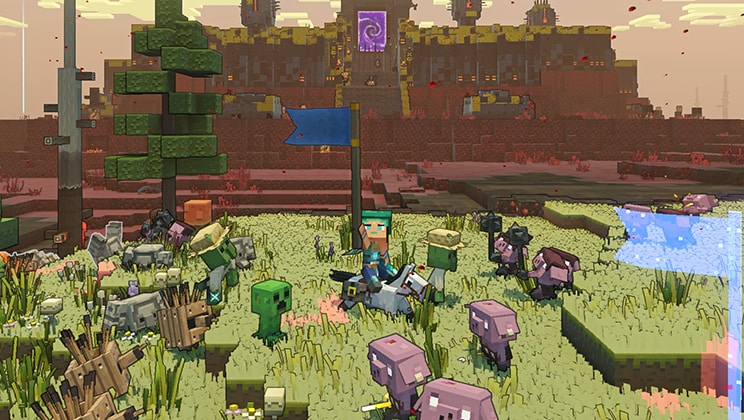Personaggio di Minecraft Legends a cavallo seguito da unità di creature mentre sventola una bandiera blu