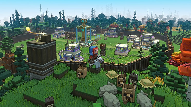 Personaje de Minecraft Legends montando un caballo mientras construye una aldea