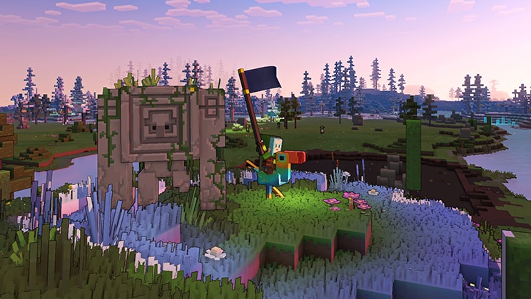 Minecraft Legends 角色骑乘大鸟，挥舞着蓝色旗帜，旁边是首个铁傀儡 (FirstGolem)