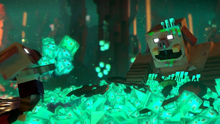 Босс пиглинов из Minecraft Legends со светящимися минералами
