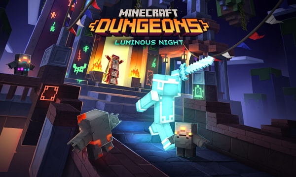 A bioluminescent adventurer charges toward a foe inside the mysterious Tower in Minecraft Dungeons: Luminous Night